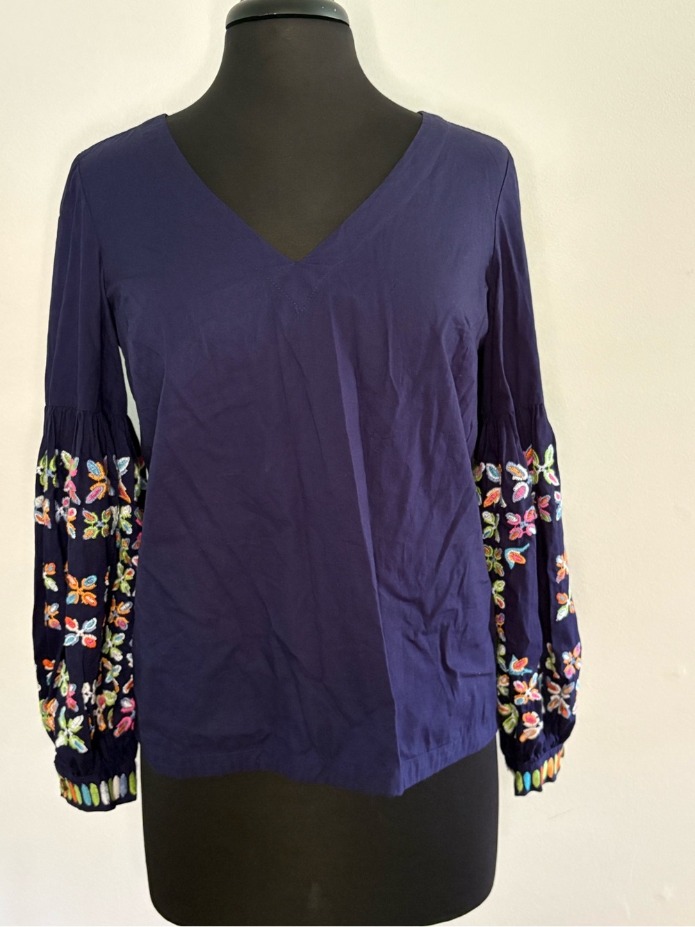Anthropologie Deep Purple V-Neck Blouse with Multicolor Embroidered Sleeves 4